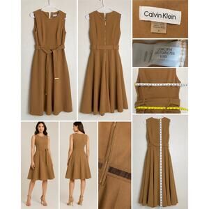 Calvin Klein Fit & Flare Midi Dress Size 4 Camel Sleeveless Belted Zip Back